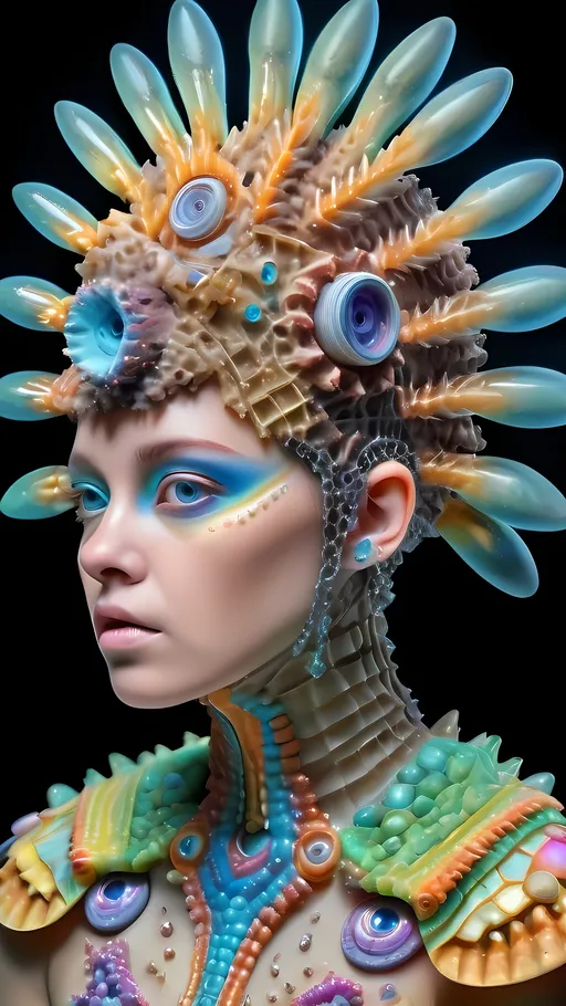 Prompt: Extremely hyperrealistic ultra textural trippy surreal beautiful but odd unsettling psychedelic creature- a psychedelic diatomaceous creature entity queen crown jewelry cape with lots of crazy psychedelic human compound eyes, rows upon rows of human teeth.  head, face, body, limbs, fungus, Mandelbrot, oil slick rainbow sheen effect, holographic, hologram, translucent, vivid colors white, tons and tons of light, bright pastel colors, Gyroid Structures. Diatoms: bacillariophyta, siliceous, valves, girdle bands, raphe, striae, puncta, areolae, costae, rimoportula, fultoportula, chloroplasts, auxospore, epitheca, hypotheca, mucilage, frustule symmetry, valve morphology, pennate diatoms, centric diatoms, motile, non-motile, biofilm, epiphytic, epilithic, epipsammic, biogenic silica, diatomaceous earth, primary producers, carbon fixation, biogeochemical cycles, diatom blooms, paleoecology, nanostructures, microalgae, environmental indicators, aquatic ecosystems. geometric, symmetrical, radial, bilateral, elongated, circular, triangular, oval, star-shaped, pennate, centric, intricate, lattice-like, perforated, silica, frustules, ornate, microscopic, diverse, varied, delicate, transparent, golden-brown, pillbox-shaped, chain-forming, solitary, colonial, planktonic, benthic,