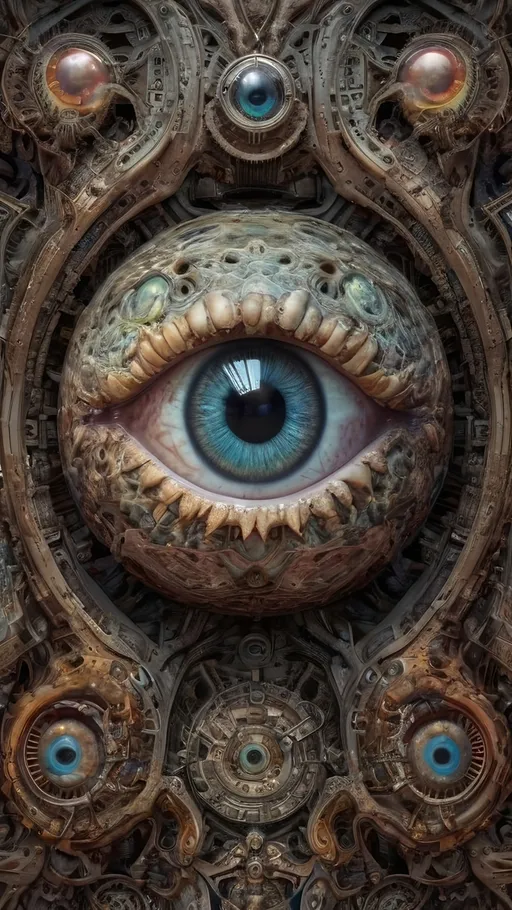 Prompt: A surreal extremely hyper realistic super textural psychedelic geometric eyeball creature with wings, lots of crazy trippy psychedelic human eyes, human teeth, organic and mechanical, multidimensional, weird surreal unsettling odd