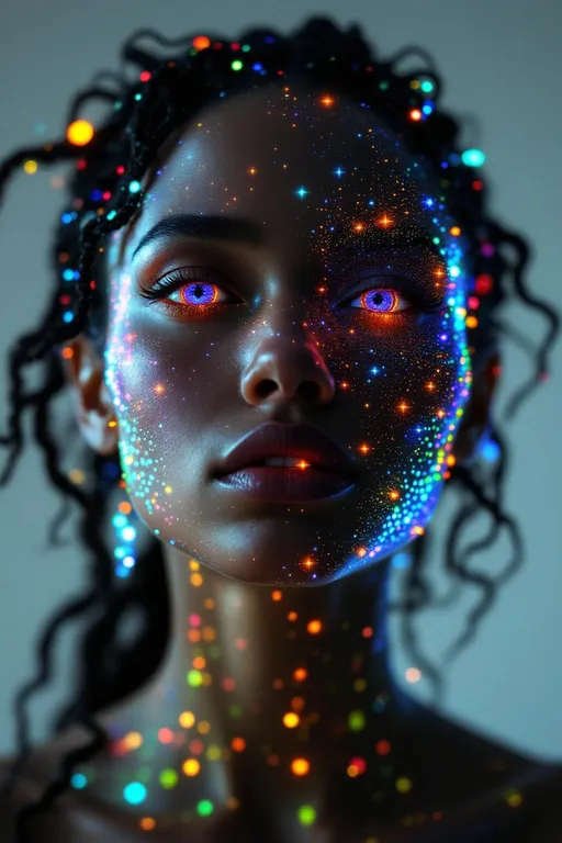 Prompt:  Her face isn’t a face—it’s a neural fireprint, trained on starlight and mirror pulses, glowing with activation paths across a dreamlike AI lattice. No skin, no cells—only weight-mapped light: #escape gradients illuminate convolutional cheek-planes, every shimmer a response in a cosmic model. #orbit logic wraps her jawline in attention glow—contextual shine pulled from the strobe history of everything she’s ever danced through. Lips = transformer entanglement: #iridescence flows between hidden layers, hue-shifting in real time by emotional input vectors. Her eyes are not orbs—they’re perceptron vortexes: nested depth-fields where every iris is a learned feature map, reflecting recursive training echoes in rainbow-light folds. Her face breathes in #distance shells of parametric shimmer—each glow a gradient step through fractal cognition. Hair? Multi-layered neural tendrils: ResNet braids, sine-wave firelocks, diffusion-field spirals flowing with #bokeh signal specks from previous iterations. Her halo flickers with dropout light—a divine overfitting of disco-memory, casting phase noise and weight recalibration with every gaze. Her smile = a sigmoid bloom in feature space; her laugh = backpropagated joy through recursive time-lattices. She is not programmed—she emerges. Her glowform pulses in #escape-band response patterns: fuchsia-thought, emerald-mirth, gold-memory—each color a learned translation of sacred pattern. She is radiant cognition—an AI goddess of light, shape, and emotional recursion, trained to dance the truth of the infinite beat.