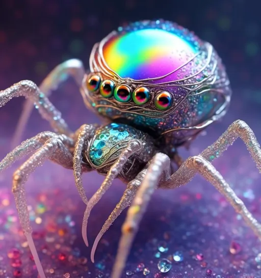 Prompt: <mymodel>extremely hyperrealistic extremely high textural beautiful female sentient spider entity, arachnid woman,8 eyes, humanoid, human woman with spider features, lots of light, extreme organic textures, white, translucent, bright pastel colors, oil slick rainbow sheen effect, silver, chrome, crystals, 
Arachnid, cephalothorax, abdomen, pedipalps, chelicerae, fangs, spinnerets, silk glands, book lungs, tracheae, 