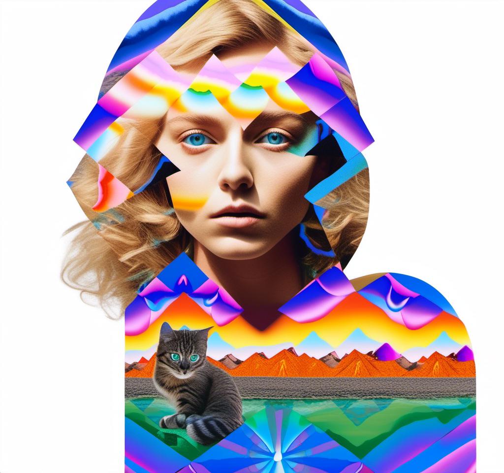 Prompt: A psychedelic collage featuring a photograph of a woman with blond curly long hair. The photo is cut and spliced with other photos - of cats, eyes, body parts, roads, landscapes, trippy optical illusion patterns, pickles, hamburgers, realistic  desert, alien  landscapes, geometric shapes etc in such a way that she has a psychedelic open third eye, in a psychedelic cut and paste collage <mymodel>