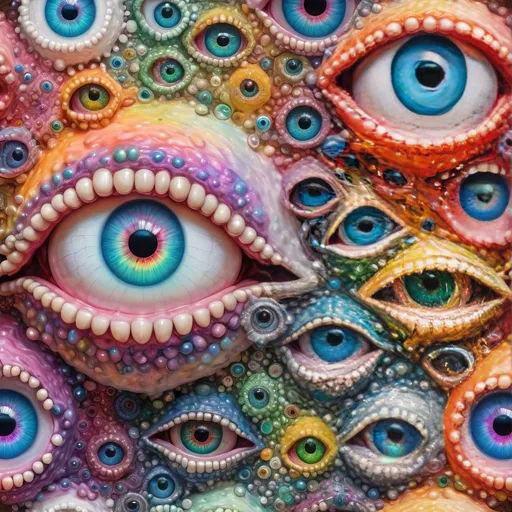 Prompt: an extremely hyper realistic ultra super textural weird trippy surreal psychedelic entity, white, translucent, clear, bright vivid pastel colors, oil slick rainbow sheen effect, lots and lots of light, lots of crazy colorful compound psychedelic human eyes, rows of human teeth, fungus, atoms, diatoms, 