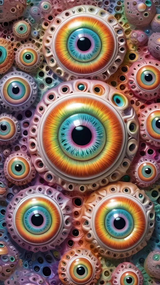 Prompt: an extremely hyper realistic ultra super textural weird trippy surreal psychedelic entity, gyroid structures, Phyllotactic Spirals, white, translucent, clear, bright bright pastel colors, oil slick rainbow sheen effect, lots and lots of light, lots of crazy colorful compound psychedelic human eyes, rows of human teeth, fungus, atoms, diatoms, gyroid structures, Phyllotactic Spirals