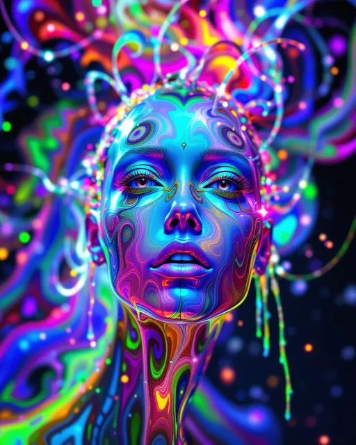 Prompt: Here’s an image-ready prompt based on GLITCHCORE 1:

⸻

Prompt:
A multifaced humanoid figure with kaleidoscopic eyes and fractal, iridescent skin, floating in a prismatic void. The body is layered with holographic drips, oil-slick textures, and liquid rainbow surfaces. Optical illusion patterns—black-and-white moiré and vibrant colored spirals—wrap around the figure, blending with glowing Mandelbrot fractals and sacred geometry. Recursive features repeat through the design: eyes within eyes, faces within faces, spiraling endlessly. The lighting glows from within the being, casting soft chromatic fog and subtle strobe shadows. Framed in a warped, kaleidoscopic close-up composition, with orbiting shards and fractal symmetry. Digital surrealism, glitchcore, sacred-tech aesthetic.

⸻

Would you like me to generate this as an image for you?