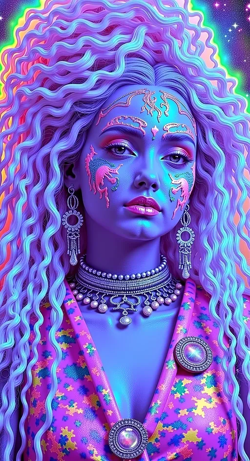 Prompt: Create a super hyperrealistic, finely detailed psychedelic Nouveau illustration of a Cosmic Jester. Feature the word MERRYPRANXTERworked organically into the background somehow.  This enchanting character is a merry prankster of the cosmos, an astral jokester dancing through time and space. She exudes a jester vibe, wearing feminine holographic jester attire & makeup with a feminine, harlequin twist. Not human, but humanoid, she is crafted from vibrant colored light, embodying an extra-dimensional extraterrestrial essence. Her presence is a beacon of joy, as she laughs and twirls through the cosmic astral realms, elevating vibes wherever she roams. 

Her beauty is otherworldly, with long, curly hair that shimmers like a cascade of colored light, appearing blonde yet transcending earthly hues. Her eyes sparkle with mischievous wisdom, and her attire is a dazzling array of intricate patterns and swirling colors, reminiscent of both jester garb and celestial phenomena.

Incorporate the text "the merrypranxter" above her in smaller, elegant lettering, seamlessly blending into the cosmic background. This text should capture the essence of her playful spirit, as if it were a whisper from the universe itself. The illustration should radiate her vibrant energy, portraying her as a timeless wanderer spreading joy and wonder throughout the cosmos.