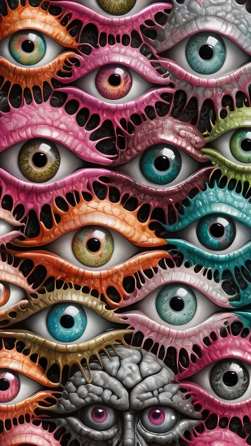 Prompt: an extremely hyper realistic ultra super textural weird trippy surreal psychedelic entity, crazy psychedelic compound human eyes, neurons, synapses, brain tissue, brain, chemicals, rows of human teeth, translucent white, black charcoal, hot pink, pinks, silver, yellow, orange, green, teal, copper, Moire Patterns