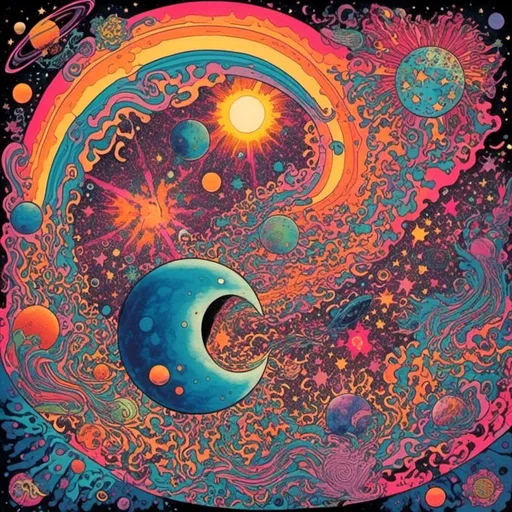 Prompt: <mymodel>Psychedelic illustration of the creation of the universe, stars and planets forming, vibrant colors, swirling nebulas, galaxies coming into existence, high-quality, surreal, cosmic, vibrant colors, swirling patterns, detailed celestial bodies, psychedelic lighting