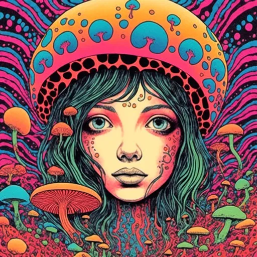 Prompt: <mymodel>Psychedelic album cover art of a girl, vibrant colors, trippy visuals, surreal mushrooms, high-quality, detailed illustration, psychedelic, poster art, vibrant colors, surreal, girl, mushrooms, trippy visuals, detailed, professional, surrealistic lighting