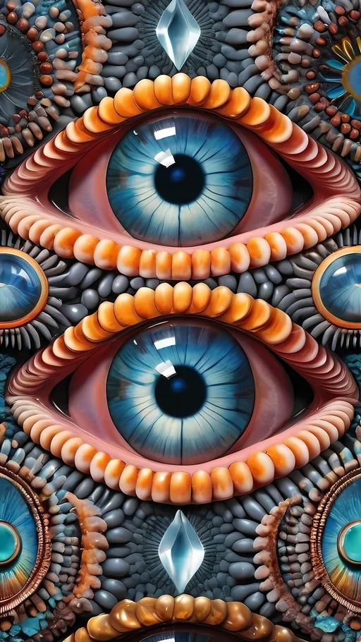 Prompt:  An extremely hyper-realistic, ultra-textural, weird, trippy, surreal, psychedelic pattern/design featuring eyes, teeth, mouths, & tongues. The design should be based on the “Mandelbrot” & “op art tiling” concepts, w/ an abundance of human eyes (crazy colorful compound psychedelic), rows of human teeth, human lips, & the elements, minerals, organisms: 
- Moonstone
- Selenite
- Labradorite
- niobium 
- potassium

**colors/lighting/Shapes/Forms/Textures**: 
- Main form: “Mandelbrot”
- Additional colors/shapes/forms/textures/arrangements determined by the natural properties/expressions of the listed elements, minerals, metals, & biological organisms. Capture their crystal structures, atomic arrangements, & natural formations. Express their raw, rough, & detailed textures, including crystal structures, surface finishes, & unique textural properties.
- Express the shapes, forms, structures, & arrangements of the listed elements, minerals, pigments, crystals, or biological organisms.
- Reflect intricate crystal structures, atomic arrangements, & natural formations.
- Integrate unique textural properties & surface characteristics into the pattern.
- Arrangement influenced by natural aggregates/combinations, creating a cohesive design.
-Intense, bright, reflective light
- Express the various lighting properties, effects, & illusions of listed elements, minerals, biological entities, & crystals.
- Capture interactions w/ light, including reflections, refractions, iridescence, & other optical phenomena. Use lighting to emphasize intricate details, textures, shapes, & forms.

