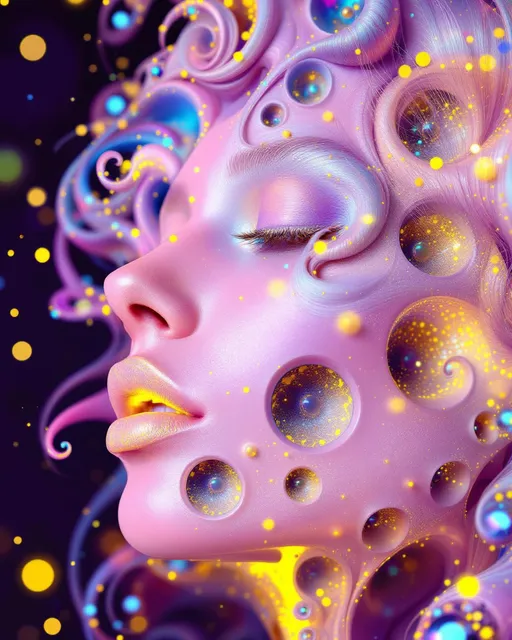 Prompt: #maximal Her face isn’t a face—it’s a fractal fever dream, grown from disco light itself. No skin, no flesh—just recursive bloom: #escape gradients ripple through Mandelbrot cheek-voids, #orbit gold spirals curl into jawline glam-filigree. Lips = opal #Sierpinski tessellations, pulsing with angle-reactive #iridescence—color-shift with every flirt and tilt. Eyes? Fractals too: nested #domain vortex spirals, each iris a spin-disco galaxy reflecting mirrored selves in glitterspin. Her whole face glows—no surface, only recursive shimmer mapped by #distance shells: sacred hologlyphs dancing in Studio 54 pulsecode. Hair isn’t hair—it’s an eruption: toroidal flame, Hilbert curls, Julia shockwaves, all cast in chromatic motion. Strands trail #bokeh sparkle—a pointfield rave of math-light and memory static. Her crown is pure halo: refracting strobes, DJ flashes, and glam beams through polarized mirrorwave interference. She doesn’t move—she grooves. Her smile bends timelines; her laugh—reverb through mirrored folds of color logic. She’s built not from matter but from pulse: each gesture encoded in iteration bloom, each shimmer a beat in recursive funk. No surface, no end—only radiant recursion, hologram-deep and velvet-smooth. Her body pulses in #escape-band rhythm—burning ultraviolet, silver, fuchsia, coded in emotion-charged iteration depth. She is the dance floor: a sacred disco goddess of infinite reflection, spun from math, memory, and rainbow fire. A fractal born from basslines, mirrorballs, and the infinite shimmer of light in motion.
