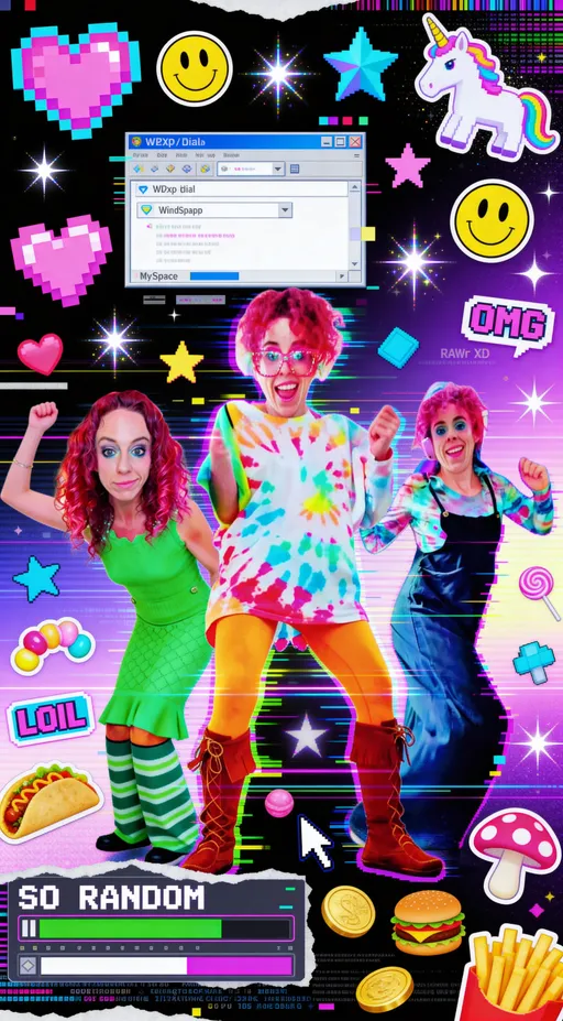 Prompt: Chaotic but subject-forward Y2K-inspired digital collage built from all provided reference images, with the repeated figures as the clear focal points. The composition centers and frames the me’s prominently, layered at multiple scales and poses, while the surrounding elements act as playful background clutter—not obscuring faces or bodies.
Hyper-saturated early-internet color palette (hot pink, electric blue, acid green, cyber purple, highlighter yellow), with controlled pixelation, JPEG artifacts, scanlines, CRT glow, glitter gradients, lens flares, and sparkly starbursts that enhance rather than overwhelm the subjects. The me’s remain crisp, bright, and visually dominant against the chaos.
Background and midground packed with selective Y2K kitsch: pixel hearts, smiley faces, low-poly stars, unicorn stickers, candy, mushrooms, game HUD fragments, coins, power-ups, cursors, and floating geometric shapes (grids, zigzags, wireframes). Food elements (tacos, cheeseburgers, fries) appear sparingly as sticker-like accents, not walls of noise.
Scattered UI debris—WinXP / dial-up windows, Winamp skins, MySpace-style chat bubbles, loading bars, pop-ups—kept smaller and pushed behind or around the me’s. Text fragments mix real 2000s slang (LOL, OMG, BRB, RAWr XD, SO RANDOM, EPIC FAIL) with light pixel gibberish, used as visual texture rather than dominant text blocks.
Intentional visual noise remains present but controlled: light datamosh streaks, chromatic aberration, RGB splits, cut-and-paste collage edges, frozen GIF motion blur. Mix of 2D stickers and glossy faux-3D icons. No empty space, but clear visual hierarchy.
Overall vibe: joyful Y2K internet chaos with the me’s as the star—playful, loud, nostalgic, sparkly, and legible. A MySpace profile and early Flash site colliding, but with the subject always winning.