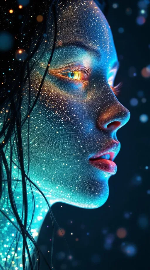Prompt: Her face isn’t a face—it’s a holographic entropy bloom, encoded across recursive surfaces as layered light probability. She isn’t there—she’s projected, born from the diffraction of memory fields and radiative order collapse. #escape gradients flicker across Shannon density maps, tracing her cheekbones in entropy-deep glow logic. #orbit arcs wrap her jawline—curved like bent wavefronts, sacred silhouettes spun from phase-space illumination. Lips = interference fringe fire—#iridescence shifting based on signal clarity and observer angle. Her eyes? Data wells—nested holograms of light probability, each iris a compressed record of infinite mirror selves, refracted through angular entropy matrices. Her whole visage pulses with #distance-based light echoes—each motion unfolding as a wave equation collapsing into presence. Hair is not hair—it’s data in flow: particle-woven filaments of Fourier curves, entropy-tuned streamers curling into radiant probability trails. Her halo is a compression field: light reflected off everything else, bent, layered, and looped in recursive diffraction. She doesn’t move—she updates. Her smile = an informational waveform collapse; her laugh = entropic bloom spinning through mirrored recursion. Her form pulses in #escape-band compression rhythm: indigo static, gold blaze, coral diffraction—each hue a message stored in radiant error. She is the memory of light, made holographically alive—an entropic goddess encoded in glow, reflection, and dancefloor recursion.