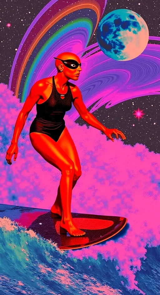 Prompt: Let's add that cosmic phrase into the mix:

**Astral Surfing Queen - AI Art Prompt**

Create an artwork featuring our iconic green-skinned alien babe, rocking a retrofuturistic swimsuit that blends vintage style with sleek, modern design. Picture her surfing an astral wave made entirely of vibrant colored light and abstract astral matter, gliding effortlessly through the vast expanse of the astral plane.

She's "hanging 10," her toes gripping the edge of a metallic, futuristic surfboard that gleams with an otherworldly sheen. The board is adorned with intricate patterns and glowing accents, reflecting the advanced technology of her cosmic culture.

Her expression is one of pure joy and exhilaration, as she rides the astral wave with the grace and skill of a seasoned surfer. Her bald conical head and large, solid black almond-shaped eyes add an extra layer of mystique to her carefree demeanor.

The background is a dazzling display of cosmic elements—swirling nebulae, twinkling stars, and trails of astral light that create a sense of motion and energy. The astral wave itself is a dynamic flow of luminous colors and abstract forms, embodying the ethereal and ever-changing nature of the astral realm.

Incorporate the text phrase "SURF THE ASTRAL" in a bold, glitchy, futuristic style that complements the vibrant and dynamic nature of the scene. The text should integrate seamlessly into the composition, enhancing the theme and adding a narrative element to the artwork.

Balance hyperrealistic textures with an illustrative, artistic style, capturing the playful and adventurous essence of this astral surfing queen. Let the fine details and vibrant colors transport viewers into a realm where surfing meets the extraterrestrial, in a celebration of cosmic joy and exploration. 🌌🏄‍♀️👽

Let this prompt inspire a piece that's as dynamic and visually captivating as it is uniquely yours!