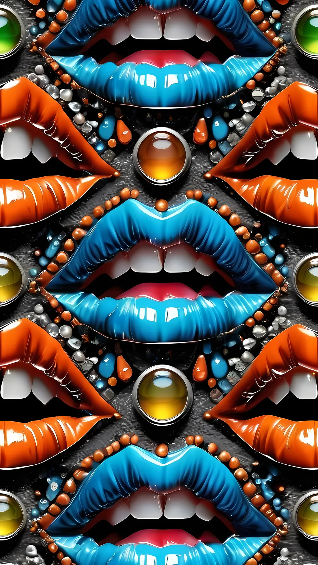 Prompt: Create an extremely hyper-realistic, ultra super textural, weird, trippy, surreal, psychedelic pattern/design based on crystal tiling, with lots of human eyes (crazy colorful compound psychedelic), rows of human teeth, human lips, and tongues. Include mineral crystal accents.

- **Colors**: determined by the properties and expressions of the elements, minerals, and metals: phosphorus, peridot, citrine, tourmaline, pyrite, silver.

**Shapes and forms**
-crystalline (acicular)

- **Textures**: Derived from any/all organic elements, minerals, metals, crystals, organic things mentioned in this prompt.

**Composition and Layout**:
- Spherical layout/composition
- crystal tiling
- hyperbolic forms and structures
-zoomed out creating a surreal pattern/design using arabesque tiling

**Lighting**:
- Lots of bright light

**Detail and Atmosphere**:
- Extreme hyperrealistic sharp high detail high definition organic and mineral textures
- Psychedelic, weird, odd, surreal atmosphere
- Frozen in time

**Additional Elements**:
- Diatoms, extra rows of teeth, lips, many eyes,fungus

Capture this scene using Canon EF 70-200mm t/2.8L IS III USM film