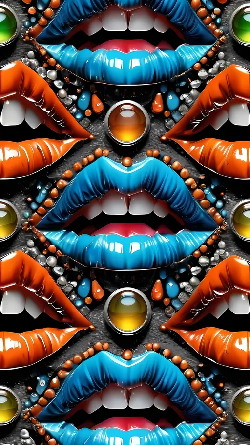 Prompt: Create an extremely hyper-realistic, ultra super textural, weird, trippy, surreal, psychedelic pattern/design based on crystal tiling, with lots of human eyes (crazy colorful compound psychedelic), rows of human teeth, human lips, and tongues. Include mineral crystal accents.

- **Colors**: determined by the properties and expressions of the elements, minerals, and metals: phosphorus, peridot, citrine, tourmaline, pyrite, silver.

**Shapes and forms**
-crystalline (acicular)

- **Textures**: Derived from any/all organic elements, minerals, metals, crystals, organic things mentioned in this prompt.

**Composition and Layout**:
- Spherical layout/composition
- crystal tiling
- hyperbolic forms and structures
-zoomed out creating a surreal pattern/design using arabesque tiling

**Lighting**:
- Lots of bright light

**Detail and Atmosphere**:
- Extreme hyperrealistic sharp high detail high definition organic and mineral textures
- Psychedelic, weird, odd, surreal atmosphere
- Frozen in time

**Additional Elements**:
- Diatoms, extra rows of teeth, lips, many eyes,fungus

Capture this scene using Canon EF 70-200mm t/2.8L IS III USM film