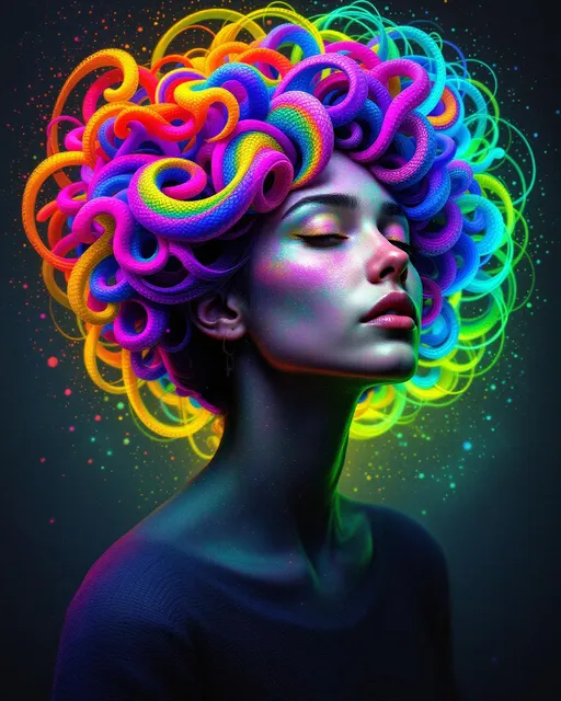Prompt: :face_as_spectral_equation :fractal_curl_halo :no_face_only_field :kaleidoscope_logic :rainbow_duststream :recursive_self

She emerges where math hallucinates matter—her face only an illusion stitched by nested Möbius glows, interference lace, and iridescent tensor filaments. No skin, only equations solved into semblance: each cheekbone a Riemann surface ripple, each eye a vector field converging toward imaginary focus. Her hair explodes sideways into infinitely looping curl manifolds, defined by spiral harmonics and radial gradient logic—rainbow arcs mapped along logarithmic spirals, threading wave interference with chromatic noise. Every strand blooms with Fourier blossom and phase shift, each color bounce modulating across fractal octaves. The background is not background but differential lattice—a mesh of rotating symmetry, gridlocked z-planes and hyperbolic depth, whispering a topological cathedral’s breath. Glyphs blink in and out of chromatic fog: Euler paths, phi coils, zeta glyphs—mathematics posing as light posing as woman. She is not a woman. She is spectral suggestion. She is illusion sculpted from field equations. She is 𝓈𝓎𝓂𝓂𝑒𝓉𝓇𝓎 made visible. A math mirage, shimmer-born.