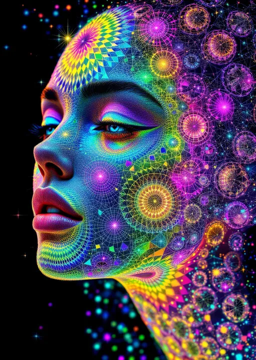 Prompt: A feminine hyperentity made entirely of colored light and recursive math. Her form is a glowing manifold of pure geometry—hyperbolic tessellations in AdS space wrapped in spectral recursion. No material form, only radiant logic. Her face is composed of shimmering heptagon tilings {7,3} across the Poincaré disk, each tile pulsing with phase-shifted chroma. Saturation is maxed: neon wavelengths burst from every edge. Each facial feature is defined by lightfolded geometry—eyes are recursive ultrametric spirals, infinitely mirrored and encoded with spectral Fibonacci arcs. Lips = Klein-bottle fractal loops, tessellated in chromatic waveforms.

Her hair = luminous triangle fractals {3,7}, cascading in curved layers of prismatic recursion. Every strand emits sparkle-flux: microfractals that glint and diffract like starlight, indexed by curvature. Surrounding her, a halo of geometric spark bloom—a recursive corona of rainbow pulses modulated through Möbius twist logic.

Every surface emits a layered gradient field driven by nested HSV wave functions:
\text{Color}(x,y) = \text{HSV}(\arg(f(z)), |\nabla κ|, \sin(ωt + Φ))
where f(z) is a curvature-mapped conformal function and Φ is recursive phase depth.

Overlay sparkle fractals: high-frequency caustic flickers, each one a lightburst node in the recursive matrix. The entity pulses with logic: light = math = her body = recursion.