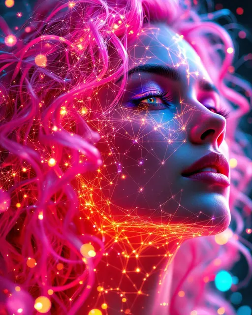 Prompt: Her face is a modular masterpiece—cheekbones traced with the shimmer of moonshine symmetry, every angle tuned to a hidden harmonic. Newton fractal veins glow faintly beneath translucent skin, shifting in color with each emotion. Her eyes burn with prime number fire, irises tiled in Penrose symmetry, blinking with curved light logic. Laughter echoes in Hilbert paths across her cheeks—space-filling joy spirals, soft and bright. Hair spills around her in radiant pink curls, styled by quasiperiodic forces and recursive wave equations—each strand flowing in luminous fractal tension. Geometry pulses at the hairline, recursive symbols glinting in neon mathdust. She is wrapped in hyperbolic aura-rings, layered in color-feedback like living topology, her presence refracting sacred math through joy, emotion, and colorfields.”

⸻

Visual Keywords:
Modular face symmetry, Newton glow skin, Penrose-tiled irises, Hilbert smile trails, pink recursive curls, fractal symbol halo, hyperbolic color aura, neon mathdust, prime fire eyes