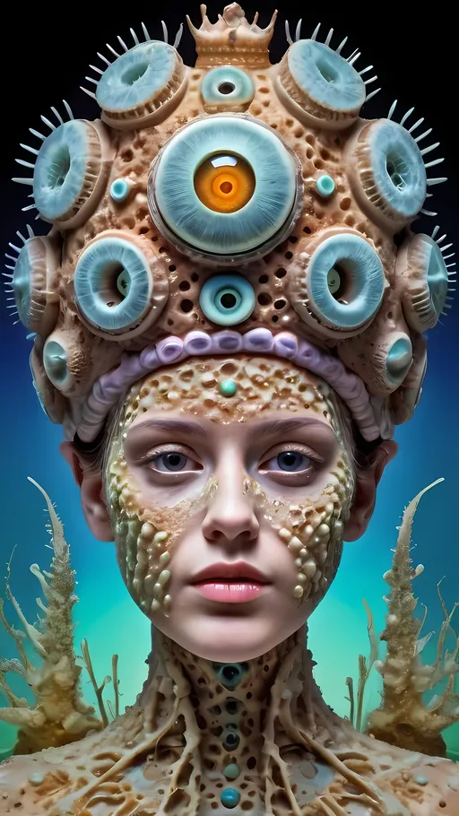 Prompt: Extremely hyperrealistic ultra textural trippy surreal beautiful but odd unsettling psychedelic creature- a psychedelic diatomaceous creature entity queen crown with lots of crazy psychedelic human compound eyes, rows upon rows of human teeth.  head, face, body, limbs, fungus, Mandelbrot, oil slick rainbow sheen effect, holographic, hologram, translucent, vivid colors white, tons and tons of light, bright pastel colors, Gyroid Structures. Diatoms: bacillariophyta, siliceous, valves, girdle bands, raphe, striae, puncta, areolae, costae, rimoportula, fultoportula, chloroplasts, auxospore, epitheca, hypotheca, mucilage, frustule symmetry, valve morphology, pennate diatoms, centric diatoms, motile, non-motile, biofilm, epiphytic, epilithic, epipsammic, biogenic silica, diatomaceous earth, primary producers, carbon fixation, biogeochemical cycles, diatom blooms, paleoecology, nanostructures, microalgae, environmental indicators, aquatic ecosystems. geometric, symmetrical, radial, bilateral, elongated, circular, triangular, oval, star-shaped, pennate, centric, intricate, lattice-like, perforated, silica, frustules, ornate, microscopic, diverse, varied, delicate, transparent, golden-brown, pillbox-shaped, chain-forming, solitary, colonial, planktonic, benthic,