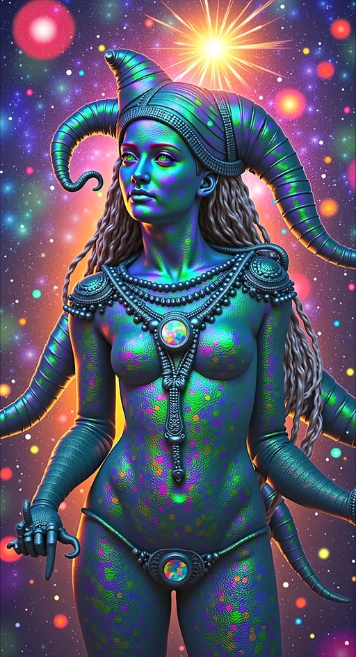 Prompt: Create a super hyperrealistic, finely detailed psychedelic Nouveau illustration of a Cosmic Jester. Feature the word MERRYPRANXTERworked organically into the background somehow.  This enchanting character is a merry prankster of the cosmos, an astral jokester dancing through time and space. She exudes a jester vibe, wearing feminine holographic jester attire & makeup with a feminine, harlequin twist. Not human, but humanoid, she is crafted from vibrant colored light, embodying an extra-dimensional extraterrestrial essence. Her presence is a beacon of joy, as she laughs and twirls through the cosmic astral realms, elevating vibes wherever she roams. 

Her beauty is otherworldly, with long, curly hair that shimmers like a cascade of colored light, appearing blonde yet transcending earthly hues. Her eyes sparkle with mischievous wisdom, and her attire is a dazzling array of intricate patterns and swirling colors, reminiscent of both jester garb and celestial phenomena.

Incorporate the text "the merrypranxter" above her in smaller, elegant lettering, seamlessly blending into the cosmic background. This text should capture the essence of her playful spirit, as if it were a whisper from the universe itself. The illustration should radiate her vibrant energy, portraying her as a timeless wanderer spreading joy and wonder throughout the cosmos.