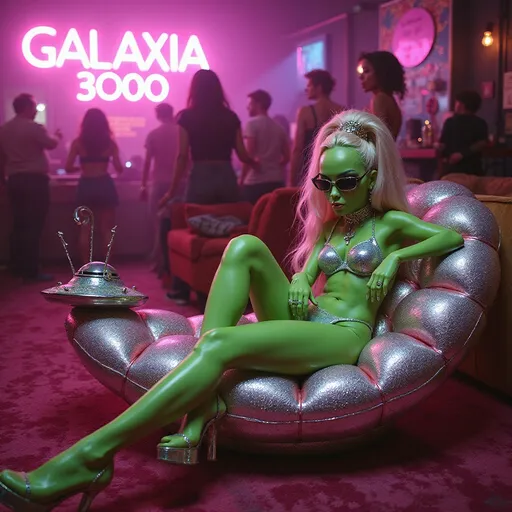 Prompt: In a velvet-drenched corner of the rave’s chillout lounge—just far enough from the main floor to hear the thump of analog bass like a heartbeat—a doll-like retrofuturistic green alien babe louanges like a space pin-up on a sculpted chaise made of interlocked glitter stars, chrome-edged and glowing from within. The air is hazy with neon mist and perfume-synth vapor, and she looks like she belongs in this candy-drenched chaos: a living doll in hyper-stylized alien glam.

Her vivid green skin is glossy and pristine, like soft vinyl with a shimmer sheen, catching every pastel pulse that flickers through the air. Her limbs are long and perfectly molded, curled just so in a playfully elegant pose—like she was posed by an unseen hand. That classic oversized conical head gives her that unmistakable otherworldly silhouette, her features cartoon-cute but sultry in that retrofuturistic pop way. Solid black almond eyes dominate her face—massive, glossy, and totally reflective, ringed in oversized lashes that practically sparkle under the strobe flicker. A tiny smirk plays on her shimmering rose-gloss lips, hinting she’s watching everything.

She’s wrapped in a skintight holofractal jumpsuit, rainbow-flecked silver that curves and twists like a liquid kaleidoscope over her doll-like frame. Her high bouffant is bubblegum pink perfection—teased, sculpted, and pinned with chrome space barrettes shaped like orbiting rings and lightning bolts. At her side: a plush UFO-shaped clutch with chrome antennae and sparkling sequins, glowing faintly with soft pink light. A discarded platform heel dangles from one foot, while the other taps lazily to the rhythm of some distant synthwave drop.

Behind her, holographic partygoers dance in glitched silhouettes beneath floating signage that says “GALAXIA 3000” in bubbly pink pop-font. She’s not lost in the party—she is the party’s poster girl, chilling in her glittering bubble of alien fashion-doll perfection.