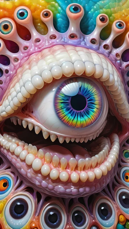 Prompt: an extremely hyper realistic ultra super textural weird trippy surreal psychedelic entity, Diophantus spiral, white, translucent, clear, bright bright pastel colors, oil slick rainbow sheen effect, lots and lots of light, lots of crazy colorful compound psychedelic human eyes, rows of human teeth, fungus, atoms, diatoms, diophantine spirals