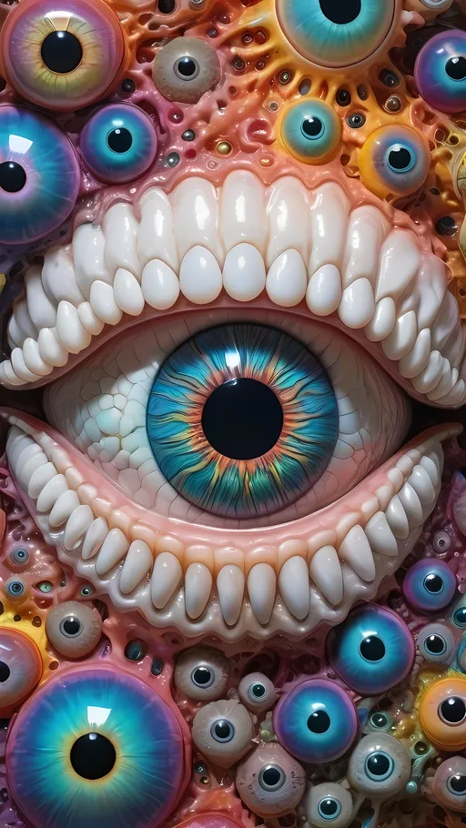 Prompt: an extremely hyper realistic ultra super textural weird trippy surreal psychedelic entity, Nephroid Curves, white, translucent, clear, bright bright pastel colors, oil slick rainbow sheen effect, lots and lots of light, lots of crazy colorful compound psychedelic human eyes, rows of human teeth, fungus, atoms, diatoms, Nephroid Curves