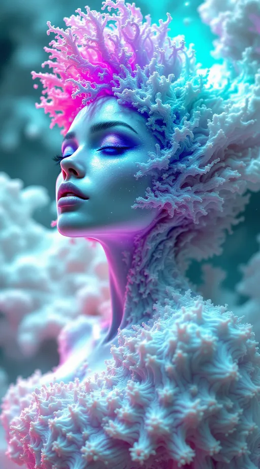 Prompt: Depict a surreal, multidimensional female figure—Merry—composed entirely from a living equation known as Fractal Drift in Hyperspace. Her body is sculpted from quaternionic Julia sets warped through Perlin noise and Möbius-space distortions, forming an endlessly flowing geometry. Self-similar coral-like filaments shimmer with radiant neon: hot pink, electric teal, oil-slick violet, and shimmering white. Her form is in constant, graceful flux—twisting inside-out along slow Möbius turns, subtly vanishing and reappearing like a being out of phase with known dimensions.

Hair becomes a halo of recursive fractal tendrils, sparkling with chaotic color harmonics, each strand flickering like data streaming from a dream. Her eyes are wells of curved spacetime, glowing black-indigo with gravitational pull. Her expression flickers across recursive interference waves—always shifting, always almost recognizable. Her skin is not skin, but compressed time rendered in color and motion.

Behind her, the void blooms into Recursive Graviton Bloom—a hyperbolic tiling in the Poincaré disk model, patterned in infinite nested symmetry. The grid curves and distorts from simulated gravitational lensing, giving it a warped-glass elegance. Through it drift Lorenz-attractor light filaments—ribbons of gold, red, blue, and ultraviolet, spiraling through space like alien synaptic pathways. A layer of Fourier interference waves rolls across the scene like a cosmic pulse, syncing to Merry’s breath. The entire scene feels sentient—as though space itself is watching her unfold.