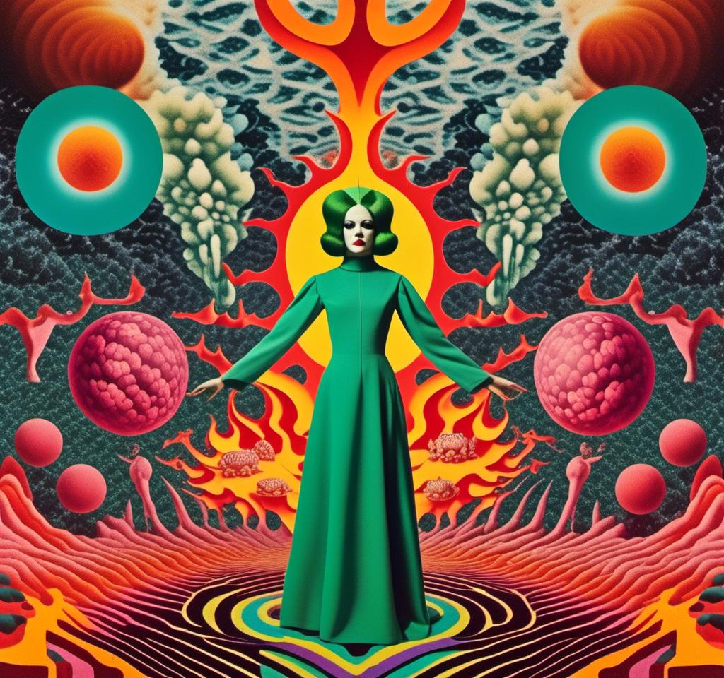 Prompt: a vintage surreal 70s psychedelic collage with the theme of hell, the fires of hell, the devil, and a succubus clothed in smoke fire and latex dancing. Utilize photography and art, trippy psychedelic patterns/optical illusions, orbs, flames, surreal hellish landscapes and geometry with a vintage 70s art house science fiction feel to this cut and paste surreal trippy collage <mymodel> 