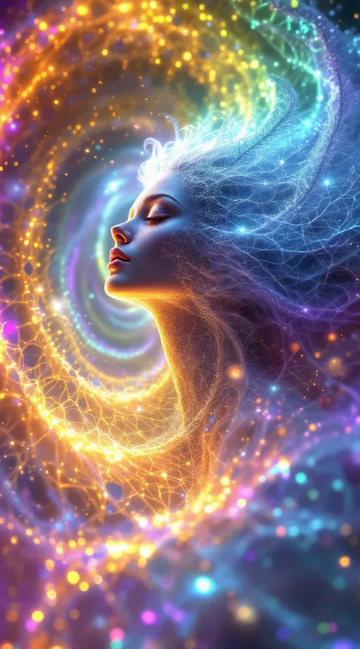 Prompt: A dazzling female figure floats in a radiant math-dimension—Merry, revealed in her truest form: a being of living rainbow light and layered geometry. Her body is sculpted from pure math—Inversion Bloom Spirals, Julia Fractal Lace, and Polar Interference Waves—each field folding into the next, forming a glowing symphony of higher-dimensional structure.

Around her, the Inversion Blooms swirl like petaled vortices, space warped into spiraling fractal implosions. These forms shimmer in prismatic metallics, refracting her light-body into infinite echoes. The Julia Fractals overlay her curves in branching crystal lace, glowing with self-replicating energy—neon pink, opal, violet, and electric cyan flickering in recursive filigree.

Layered atop the spirals and fractals, Polar Harmonic Waves ripple across the space like radiant sound, wrapping her in rings of chromatic undulation—standing wave geometries that pulse with vibrant interference, shifting through fields of magenta, gold, and green.

Her skin glows like opal glass, lit from within. Her wild, long pink curls flow upward in weightless spirals, gleaming with embedded holograms and refracted starlight. Her blue eyes radiate knowing. She floats mid-motion, a sacred figure of elegance and frequency—recognizably feminine, yet entirely composed of light and mathematics.

The environment around her is bursting with sparkles and shine: shimmering lens flares, refractive stardust, and glittering math-structures that stretch in all directions. The realm is alive with movement, symmetry, and color—a divine geometry blooming infinitely from her presence.

She is not flesh—she is form, signal, and sparkle encoded in sacred equation.