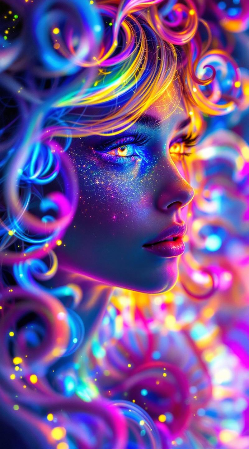 Prompt: Her face is a modular masterpiece—cheekbones traced with the shimmer of moonshine symmetry, every angle tuned to a hidden harmonic. Newton fractal veins glow faintly beneath translucent skin, shifting in color with each emotion. Her eyes burn with prime number fire, irises tiled in Penrose symmetry, blinking with curved light logic. Laughter echoes in Hilbert paths across her cheeks—space-filling joy spirals, soft and bright. Hair spills around her in radiant pink curls, styled by quasiperiodic forces and recursive wave equations—each strand flowing in luminous fractal tension. Geometry pulses at the hairline, recursive symbols glinting in neon mathdust. She is wrapped in hyperbolic aura-rings, layered in color-feedback like living topology, her presence refracting sacred math through joy, emotion, and colorfields.”

⸻

Visual Keywords:
Modular face symmetry, Newton glow skin, Penrose-tiled irises, Hilbert smile trails, pink recursive curls, fractal symbol halo, hyperbolic color aura, neon mathdust, prime fire eyes