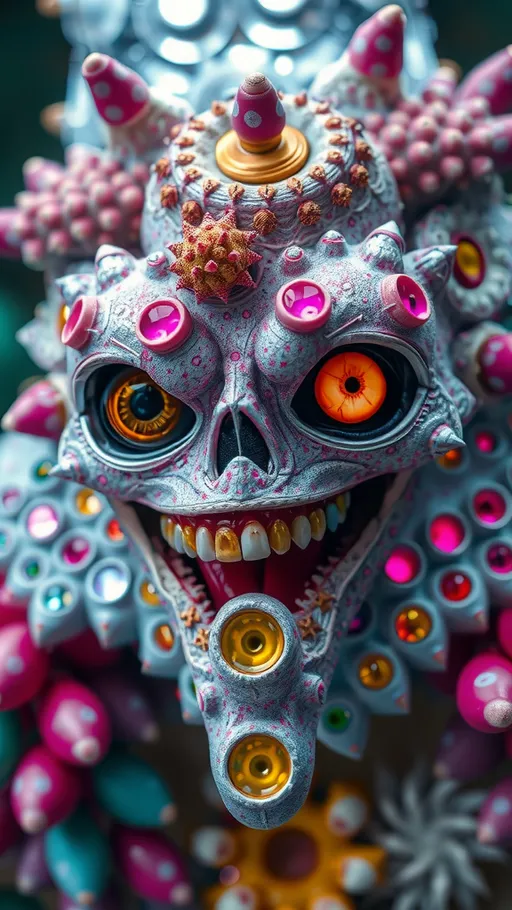 Prompt: an extremely hyper realistic ultra super textural weird trippy surreal psychedelic entity, silver, pyrite, quartz,, flourite, apatite, bright vivid pinks, greens, yellows,blues,  lots and lots of light, lots of crazy colorful compound psychedelic human eyes, rows of human teeth, human lips, tongues, lithops, succulent, quantum strings, algae, bryozoans,  Bose-Einstein Condensate, extreme high definition organic and mineral textures