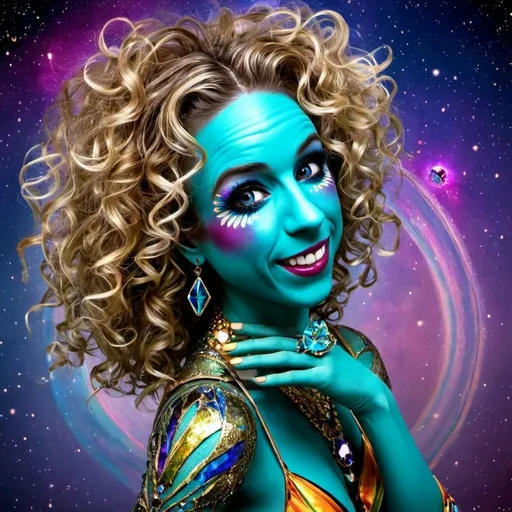 Prompt: A super hyperrealistic yet also illustrative and creative female cosmic jester, made entirely of swirling pure colored light, with long wild curly hair that appears blond but dazzles as a spectrum of hues, floats effortlessly in the heart of a kaleidoscopic nebula. Adorned in avant-garde "astral" jester's attire, her ensemble is a masterpiece of ever-shifting patterns, her definitive jester’s hat extending into infinite fractal shapes that seem to defy the laws of space. Her intricate clown makeup glows with phosphorescent neon greens, electric pinks, and ultraviolet blues, accentuating her mischievous, otherworldly charm. Around her, the stars pulse like strobes in a cosmic dance party, and she juggles shimmering orbs of liquid starlight that burst into tiny galaxies upon contact, each orb reflecting infinite multiversal possibilities. The space surrounding her vibrates with celestial harmonics, a symphony of astral wonder, while an aurora of quantum particles weaves itself into a living tapestry of harlequin diamond fractals, tiling and morphing endlessly. She sparkles and dazzles as her laughter chimes like crystalline bells, embodying the essence of cosmic whimsy and wonder, a living Möbius strip of light and joy in an infinite astral playground.