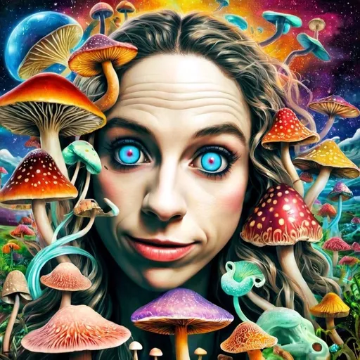 Prompt: a psychedelic  poster of a psychedelic girl  with long blond curly hair on psychedelic magic mushrooms, her pupils are hugely dilated, with stars in her eyes she perceives ineffable geometries, colors that do not exist, fractals, the astral reality of her nature, while surrounded by psilocybe cubensis mushrooms, liberty caps, hallucinations and hallucinogenic mushrooms and a solid black cat is there in a psychedelic poster art <mymodel>