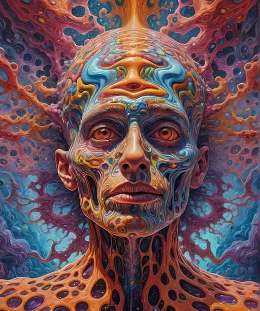 Prompt: Extreme psychedelic hyperrealism- Super high definition ultra textural Weird surreal depiction of ego death, melting into fractals, multidimensional geometric shapes, surrealism, detailed, highres, intense colors, eerie lighting, bizarre features, unsettling atmosphere, otherworldly, distorted proportions, mind-bending, dreamlike, abstract,, trippy psychedelic ultra detailed textures