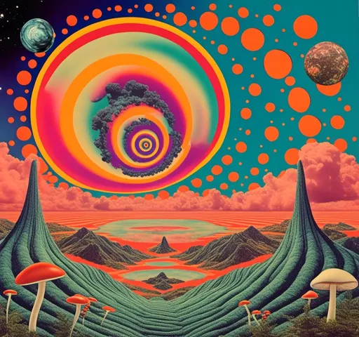 Prompt: A psychedelic collage evoking a vintage 70s sci fi feel but I stead of the classic theme let’s do SNAILS, MUSHROOMS, ferns, collages with psychedelic trippy patterns/optical illusions, landscapes, clouds, the sun, nature<mymodel>