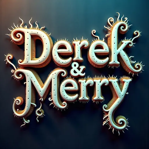 Prompt: **AI Prompt:**

An extremely hyperrealistic, ultra-textural, ultra-high-definition depiction of the words "Derek" “&” "Merry," each letter transformed into a surreal fusion of natural and otherworldly elements. The letters of "Derek" are sculpted from glistening, jagged shards of **quartz crystal** and glowing **fluorite**, with veins of molten **copper** running through their cores. These letters appear to float in a dynamic, swirling field of **fluid dynamics**, with intricate eddies and vortices of shimmering liquid that refract light into psychedelic rainbows.

The word "Merry" is constructed from a lattice of **microscopic fractal patterns**, each segment of the letters resembling magnified cellular structures or snowflake-like geometries, pulsating with faint **quantum vibrations**. The surface of these letters is iridescent, shifting between hues of deep emerald, fiery gold, and electric blue, as if alive with astral energy. Surrounding "Merry" is an ethereal glow, like a mist of bioluminescent particles that dance in rhythmic, wave-like patterns, echoing the resonance of a distant cosmic hum.

The entire scene is set against a backdrop of **psychedelic tiling patterns**, where tessellations of kaleidoscopic shapes morph and evolve endlessly, creating a hypnotic sense of infinite depth. The atmosphere itself seems alive, with layers of hyperrealistic textures—dripping, flowing, and sparkling—emphasizing every microscopic detail. The interplay of light and shadow is so precise that the letters seem tangible, as if the viewer could reach out and feel the cold, sharp edges of "Derek" and the soft, vibrating warmth of "Merry."