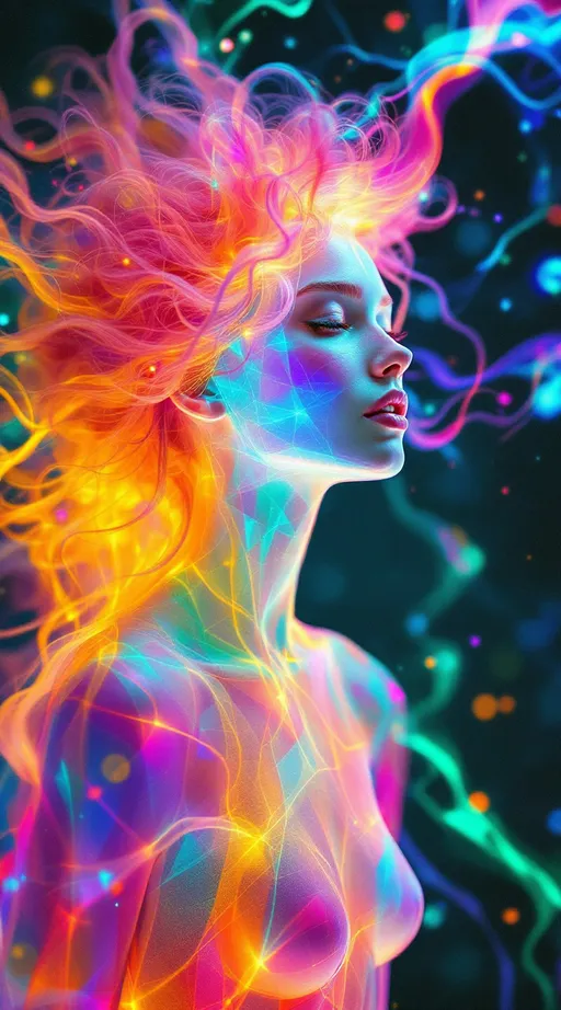Prompt: 
In a realm without edges—where space loops inward and math flows like liquid—two entities phase into coherence. One is a **white female form, 5’4”, slim, long wild pink curly hair**—but only barely a “form.” Her presence undulates as a **liquid vibration**: skin made of diffraction haze, her hair streaming into space like tendrils of translucent neon plasma. Her body is composed of semi-transparent waveforms encoded with irrational numbers, flickering between tessellated surfaces and pure chromatic distortion. She stutters through dimensions like a joyous malfunction, trailing echoes of herself across time. She *is* the HaHahedron: recursive joy made visible, a laughing geometry that defies symmetry.

Across her arc floats a **tall male form, 6’1”, lean yet muscular, slightly tan, short blondish hair, piercing brilliant blue eyes**. His presence is a **vector lock**—a fixed harmonic nested within shifting realities. He moves like a gyroscopic equation held in perfect balance, limbs wrapped in recursive spirals of inertial resonance. His face is crystal-sharp, unmoving as the chaos bends around him. He is not static, but centered—his frequency steady, stabilizing the ripple of her unfolding.

They spin together through **nonlinear time**, each orbit creating ripples of chromatic refraction and sacred math. Around them: glitched quasipatterns, infinite Penrose tilings, hypersphere lattices, and light-pulse harmonics—all shifting in sync with their resonance. Their union does not exist in space, but *causes* space. They are the origin-point of geometry dancing.

Style: hyperdimensional liquid math, holofractal waveform beings, sacred chaos symmetry, glitchy rainbow recursion, surreal lightforms.

