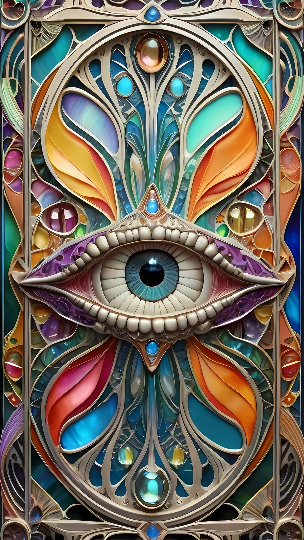 Prompt: An extremely hyperrealistic, ultra 3D textural psychedelic  art nouveau background image, Alphonse mucha, bright vivid colors, lots and lots of light, lots of crazy psychedelic multicolored human eyes, rows and rows of human teeth, silver,  oil slick rainbow sheen effect, natural quartz crystals, inlaid opal, art nouveau circular border motif, art nouveau accents/border/frame, flowing lines, flowing curves, sinuous lines, ornamental details, intricate patterns, fungus, diatoms, elements, psychedelic elements, extremely intricately detailed, 