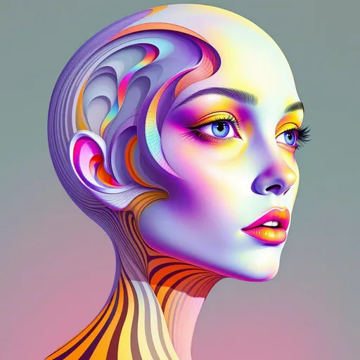 Prompt: A humanoid female face rendered in the surreal, analog illustration style of La Planète Sauvage—soft gouache textures, grainy shadows, and precise ink lines—emerges from a hyper-saturated math dimension. She has no skin, no flesh—her structure is a shimmering construct of endlessly folding Hilbert curves, Sierpinski lattices, Penrose tilings, and Klein bottle contours. Her form pulses with rainbow light, not from any source, but from within—a chromatic recursion inked and washed like alien anatomy. Every cheekbone is a Möbius strip, every jawline a cascade of fractal interference. Her brow arches with nested sinewave grids, drifting like static fields across an alien mind.

Her eyes: blackhole pupils, rimmed with diffraction halos and toroidal glyph spirals—hypnotic and unreadable, like portals to some recursive interior. Her lips glint with spectral caustics—painted with fine ink lines and rendered in iridescent watercolor washes, bursting with spirographic dispersion. Across her face, zebra-flame and leopard-spot sigils bloom in morphogenic symmetry, inked with surreal op-art precision, self-organizing across warped topologies. Her whole face is a godform rendered in maximalist chroma.

Her hair—no hair at all, but tangles of glowing Lissajous filaments, each strand a Chladni vibration drawn in curling contour lines, erupting into rainbow shimmer and anisotropic loops. She resonates, not speaks. Her voice is a visible event—standing wave geometries suspended midair, cymatic mandalas, circular node rings, echo blossoms, each frozen mid-utterance in layered, glowing ink.

She floats in volumetric godrays slicing through fractal haze—backgrounds painted in muted, earthy blues and reds like alien biology textbooks. Around her, the atmosphere crackles with spectral recursion and entangled logic. The entire image feels like it was painted in a dream, then xeroxed through a memory of math.