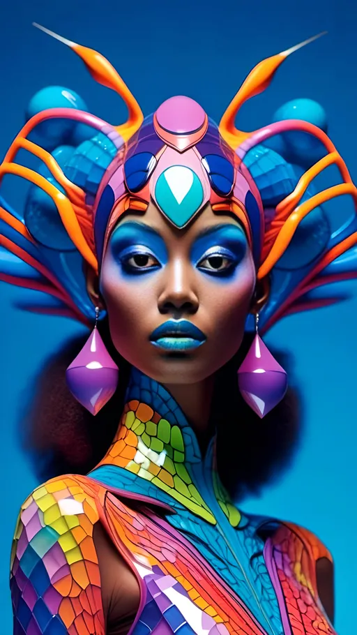 Prompt: <mymodel>High-quality 3D rendering of an extraterrestrial female, vibrant and colorful makeup, futuristic alien high fashion, ads-automotive style, alien goddess, detailed skin texture, otherworldly beauty, vibrant colors, cosmic makeup, holographic clothing, sleek design, professional lighting, sci-fi, highres, ultra-detailed, futuristic, vibrant tones, cosmic lighting colored skin tone 