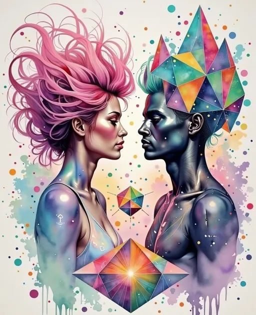 Prompt: A surreal La Planète Sauvage–style illustration of two pre-incarnate beings meeting within the other dimension of geometry—a plane beyond time and language, where math becomes matter and emotion takes form as light. One figure is constructed of iridescent rainbow geometry: a lattice of softly shifting polyhedra, translucent prisms, and Mandelbrot curls that bloom like living architecture. Her wild pink hair floats upward in impossible spirals, each strand etched with radiant glyphs and recursive fractal patterns. Her body shimmers between form and formula—equal parts sacred diagram and sentient light.

Facing her is a dark, harmonic figure composed of magnetic tessellations and glyphic frequencies. His body is rendered in shimmering graphite-black and silver ink—etched with nested circuits, interlocking geometries, and quiet cosmic resonance. His cobalt eyes emit pulsing waves of vibration, creating soft distortions in the space around him—his presence precise, anchored, yet immeasurably deep.

They float above a vast dimensional plane not made of land but of shifting geometries: folded hypercubes, rotating toroids, endless tesselated grids that ripple like membranes. Floating glyph-nodes and transparent light structures phase in and out, forming recursive environments where scale and shape blur into logic. Between the beings spins a rhombic dodecahedron—a living construct of rotating faces, glowing from within. It pulses with memory and recognition, acting as shared interface, mirror, and anchor.

The sky is a morphing field of vector clouds and glitching dimension-lines. Giant insect-machines drift silently overhead. Every shape is outlined in analog crosshatching, layered with brilliant holofractal hues: mint, violet, coral, teal, lemon-lime, and plasma pink—an ink-dream vibrating with sacred, prehuman intimacy.

Style: Hand-drawn La Planète Sauvage surrealism infused with glowing holofractal color and analog textures. 