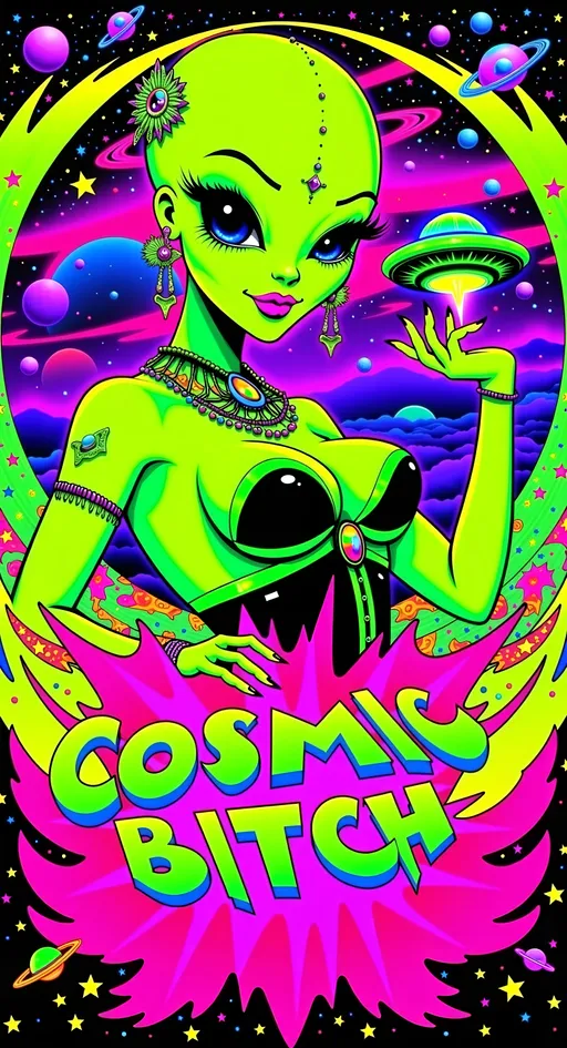 Prompt: **Cosmic Bitch - AI Art Prompt**

Create an artwork featuring the phrase "Cosmic Bitch" in a bold, sassy, girly futuristic tech font. The centerpiece is a stunning green-skinned alien female with a large somewhat conical shaped bald head & large solid black almond shaped eyes, exuding sass and confidence, dressed in avant-garde high fashion with a futuristic twist. Her ensemble is adorned with intricate accessories that scream alien chic.

Incorporate a vibrant UFO hovering in the scene, brimming with colorful lights that dance across the canvas. The background is a bustling outer space landscape, complete with an alien planet, swirling asteroids, and cosmic wonders. Alien glyphs are subtly woven into the design, adding an enigmatic touch.

The entire scene is a whirlwind of activity, filled with intricate details that draw the eye to every corner. From the tiniest star to the grandest asteroid, let no space go unadorned. The result is a masterpiece of cosmic chaos and extraterrestrial elegance.

Now, go forth and let your AI art creation shine in all its interstellar glory! 🌌👽✨