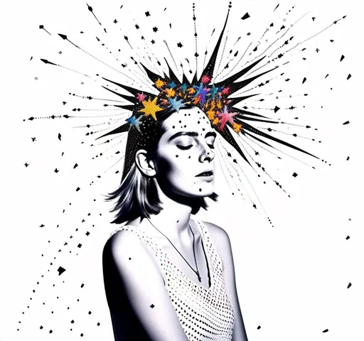 Prompt: <mymodel>Black and white halftone photograph of a girl, exploding with colorful multimedia stars, sparkles, and electric lightning bolts, created from paint, glitter, enamels, metal foils, iridescent paint, rhinestones, seed beads, dynamic and vibrant, high contrast, mixed media, dazzling explosion, detailed face and expression, high quality, highres, multimedia explosion, dynamic lighting, contrasted shadows, black and white, mixed media art