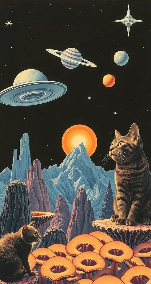 Prompt: <mymodel> Vintage 70s psychedelic surreal sci-fi Collage, analog, cut & paste, outer space, rainbows, spectrum, optical illusions/trippy patterns, surreal alien landscapes, UFOs, « little green men », psilocybin mushrooms, geometric shapes , planets, orbs, black night sky with stars, in the center, cats, 