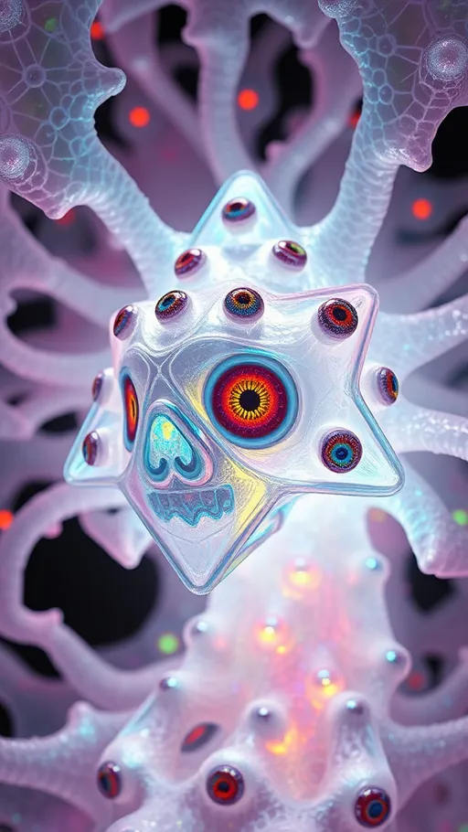 Prompt: an extremely hyper realistic ultra super textural weird trippy surreal psychedelic entity, gyroid structures, Pascal's Triangle, white, translucent, clear, bright bright pastel colors, oil slick rainbow sheen effect, lots and lots of light, lots of crazy colorful compound psychedelic human eyes, rows of human teeth, fungus, atoms, diatoms, gyroid structures, Pascal's Triangle