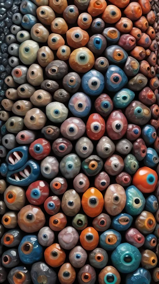 Prompt: Create an extremely hyper-realistic, ultra super textural, weird, trippy, surreal, psychedelic eyes/teeth/mouth pattern/design based on "Fusarium verticillioides", with lots of human eyes (crazy colorful compound psychedelic), rows of human teeth, human lips, and tongues. 

- **Colors**: determined by the properties and expressions of the elements (& their isotopes), minerals, and metals: "Fusarium verticillioides", silicon, hematite

**Shapes and forms**
- "Fusarium verticillioides"
-other shapes determined by the natural properties and expressions of the elements (& their isotopes), minerals, metals, and biological organisms: 

- **Textures**: Derived from any/all elements (& their isotopes), minerals, metals, crystals, organic things mentioned in this prompt:"Fusarium verticillioides", hematite

**Composition and Layout**:
- a pattern/design based on "Fusarium verticillioides"

**Lighting**:
- Lots of bright light
- zoomed out

**Detail and Atmosphere**:
- Extreme hyperrealistic sharp high detail high definition organic and mineral textures
- Psychedelic, weird, odd, surreal atmosphere
- Frozen in time

**Additional Elements**:
- "Fusarium verticillioides", extra rows of teeth, lips, many eyes,fungus

