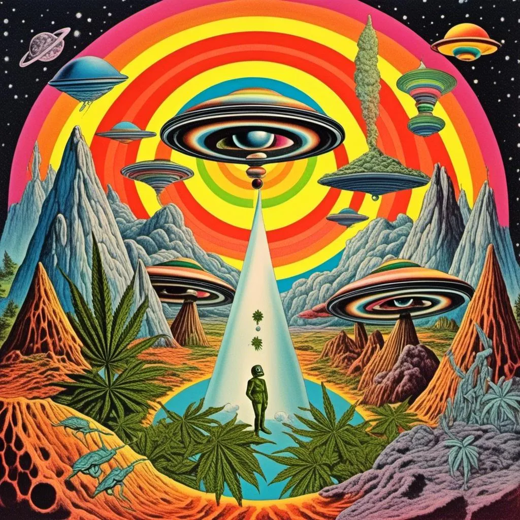 Prompt: A surreal vintage 70s psychedelic sci-fi collage involving- aliens, UFOs, cannabis, marijuana, aliens smoking reefer, aliens smoking weed out of a bong, spliced in with alien surreal landscapes, geometric shapes, optical illusions or trippy psychedelic patterns, planets and starts, rainbow spectrums<mymodel>