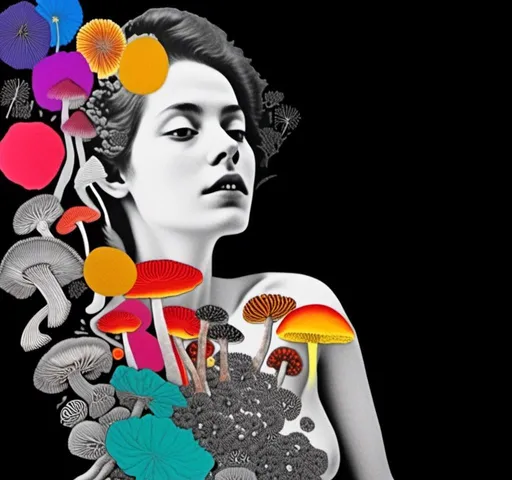 Prompt: A mixed media collage of a black and white photograph of a young woman growing all kinds of colorful multimedia psychedelic mushrooms and fungus out of her body (incorporate things like- but are not limited to - vibrant paints, enamels, glitters, metallic foils, newspaper and magazine cut paper, paint spatter, etc)<mymodel>