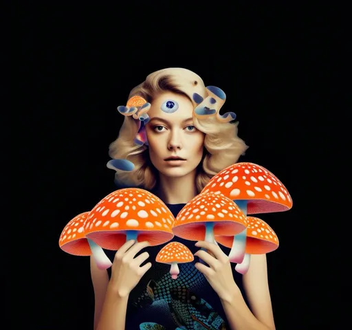 Prompt: a psychedelic collage reminiscent of 70s psychedelic sci fi collage artwork celebrating a girl on mushrooms. It is to feature a photograph of a woman with blond curly hair that is edited by splicing it with other images from photographs, magazines, newspapers, illustrations/paintings to create the impression she is high on magic mushrooms. The work will include such elements as a psychedelic 3rd eye open, stars and planets, trippy optical illusions and patterns, psilocybin cubensis mushrooms, fractals, UFOs, aliens, geometric shapes, auras, rainbow spectrums, sacred geometry, trippy drippy stuff, psychedelic hallucinations, open eyes, landscapes of astral worlds<mymodel>